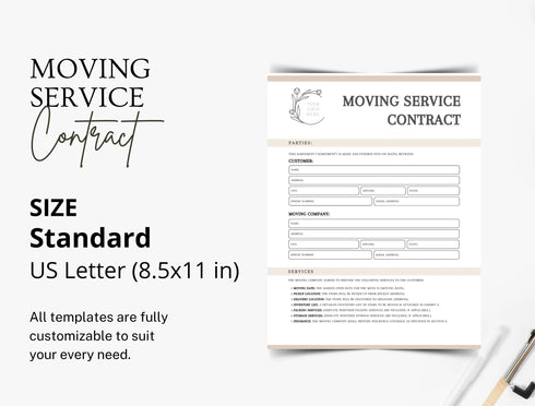 Moving Contract Template | Editable Relocation Services Agreement PDF | Movers Legal Business Document | Printable Moving Contract