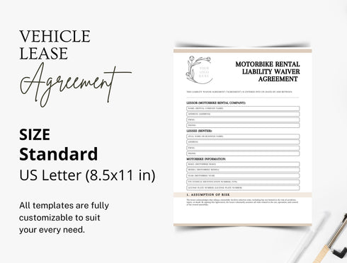 Motorbike Rental Liability Waiver Template | Motorcycle Rental Agreement PDF | Editable Legal Release Form | Printable Rental Waiver