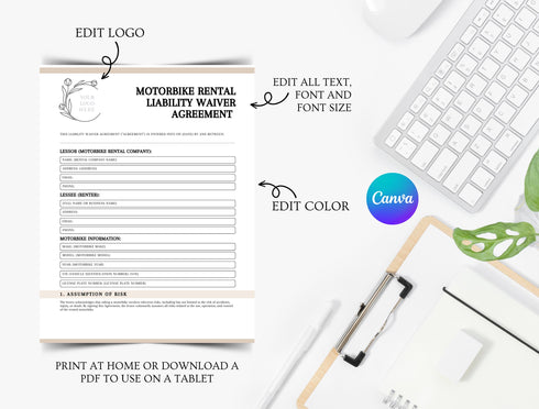 Motorbike Rental Liability Waiver Template | Motorcycle Rental Agreement PDF | Editable Legal Release Form | Printable Rental Waiver