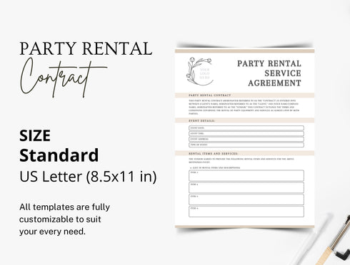 Party Rental Contract Template | Editable Event Equipment Rental Agreement PDF | Legal Printable Form | Party & Event Rental Contract