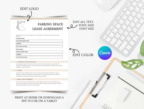 Parking Space Lease Agreement Template | Editable Parking Rental Contract PDF | Legal Printable Rental Form | Parking Lease Document