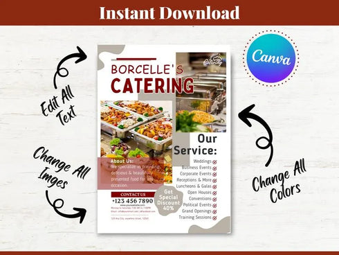 Borcelle Catering Flyer, Editable Canva Template, Food Service Promotion Poster, Restaurant Catering Business, Digital Download