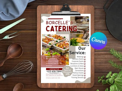 Borcelle Catering Flyer, Editable Canva Template, Food Service Promotion Poster, Restaurant Catering Business, Digital Download