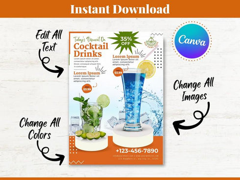 Drink Menu, Cocktail Poster, Price List Template, Flyer Template, Printable Cocktail Drink Template, DIY Canva Cocktail Flyer Template