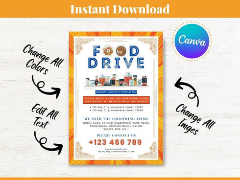 Editable Food Drive Flyer Template, Food Flyer Template, Printable Donation Fundraiser, Canned Food Drive Flyer Template, Food Drive Flyer