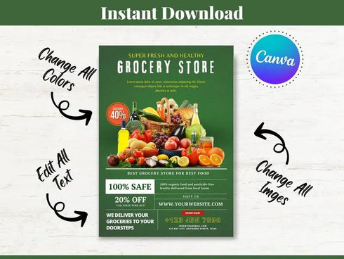 Grocery Store Flyer, DIY Canva Grocery Store Flyer Template, Editable US Letter Size Flyer for Grocery Store, Grocery Flyer, Food Flyer