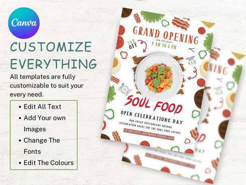 Editable Grand Opening Flyer, Food Flyer Template, Soul Food Flyer, Grand Opening Flyer, Soul Food Flyer Canva Template