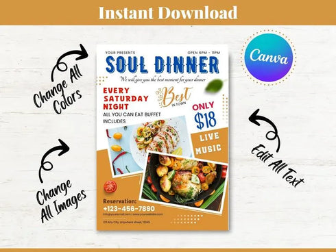 Soul Food Dinner Sale Flyer Template, Editable Flyer Template, Soul Food Flyer, Food Flyer, Dinner Sale, Restaurant Branding, Food Template