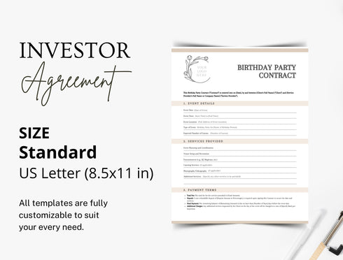 Birthday Party Contract Template | Event Planning Agreement PDF | Editable Party Services Legal Document | Printable Planner Contract