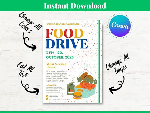 Editable Food Drive Flyer, Food Drive Flyer, Food Flyer Template, Fundraising Nonprofit Charity Event Instant Download Card, Feed The Poor