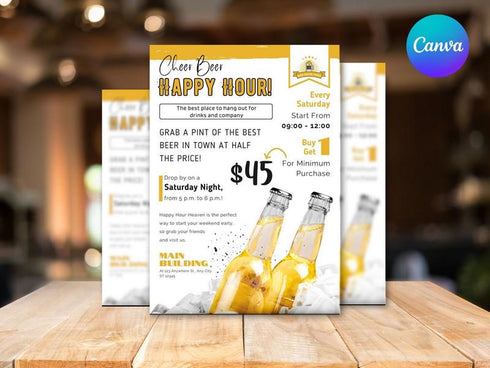 Happy Hour Flyer Template, Bar & Restaurant Drink Specials Promo, Editable Canva Flyer, Digital Download
