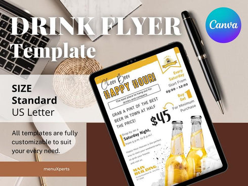 Happy Hour Flyer Template, Bar & Restaurant Drink Specials Promo, Editable Canva Flyer, Digital Download