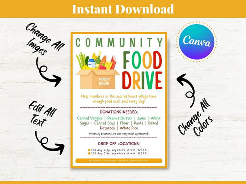 Food Drive Flyer Template, Editable Charity Event Flyer, Nonprofit Fundraising Flyer, Community Food Donation Poster, Canva Instant Download
