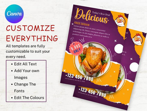 Delicious Fried Chicken Flyer Template, Editable Fast Food Poster, Chicken Menu Flyer, Canva Restaurant Marketing, Instant Download
