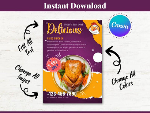 Delicious Fried Chicken Flyer Template, Editable Fast Food Poster, Chicken Menu Flyer, Canva Restaurant Marketing, Instant Download