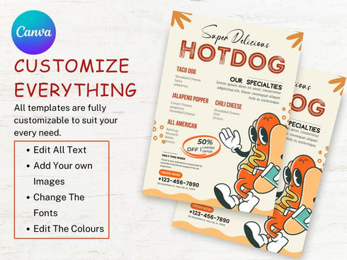 Delicious Hotdog Flyer Template, Editable Fast Food Poster, Hot Dog Menu Promotion Flyer, Canva Restaurant Marketing, Instant Download