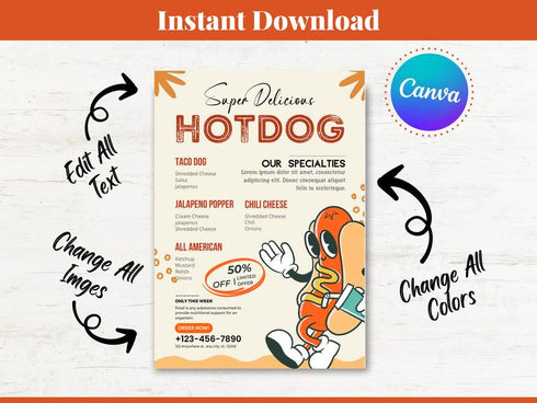 Delicious Hotdog Flyer Template, Editable Fast Food Poster, Hot Dog Menu Promotion Flyer, Canva Restaurant Marketing, Instant Download