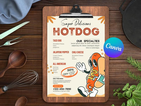 Delicious Hotdog Flyer Template, Editable Fast Food Poster, Hot Dog Menu Promotion Flyer, Canva Restaurant Marketing, Instant Download