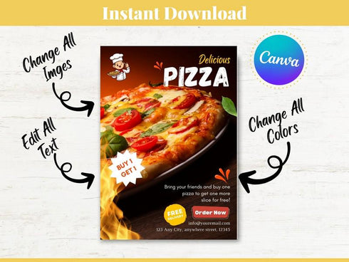 Delicious Pizza Flyer Template, Editable Fast Food Poster, Pizza Menu Promotion Flyer, Canva Restaurant Marketing, Instant Download