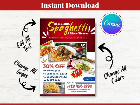 Delicious Spaghetti Flyer Template, Editable Italian Food Poster, Pasta Menu Flyer, Spaghetti Restaurant Promotion, Canva Food Template