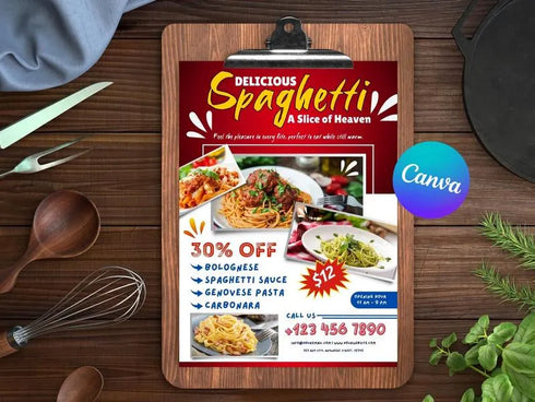 Delicious Spaghetti Flyer Template, Editable Italian Food Poster, Pasta Menu Flyer, Spaghetti Restaurant Promotion, Canva Food Template