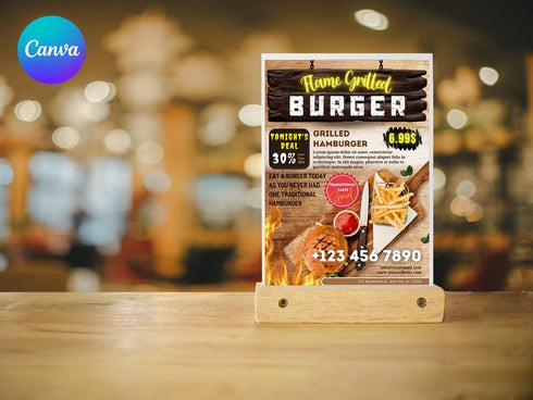 Flame Grilled Burger Flyer Template, Editable Fast Food Poster, Burger Menu Promotion Flyer, Canva Restaurant Marketing, Instant Download