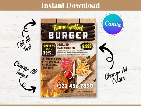 Flame Grilled Burger Flyer Template, Editable Fast Food Poster, Burger Menu Promotion Flyer, Canva Restaurant Marketing, Instant Download