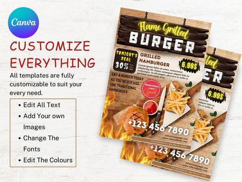 Flame Grilled Burger Flyer Template, Editable Fast Food Poster, Burger Menu Promotion Flyer, Canva Restaurant Marketing, Instant Download