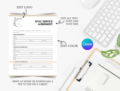 HVAC Service Agreement Template | Heating & Cooling Maintenance Contract PDF | Editable HVAC Legal Document | Printable Service Agreement