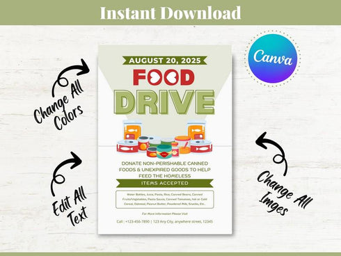 Food Drive Donation Flyer Template, Charity Food Drive Poster, Community Donation Flyer, Editable Canva Template, Nonprofit Fundraiser Flyer