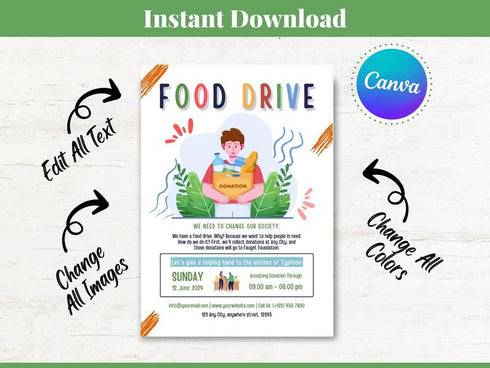 Food Drive Flyer Template, Charity Fundraiser Flyer, Community Donation Poster, Editable Canva Template, Nonprofit Event Flyer