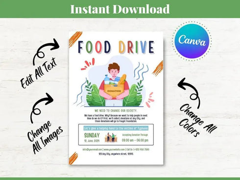 Food Drive Flyer Template, Charity & Fundraiser Promotion, Editable Canva Poster, Instant Download, Community Donation Poster