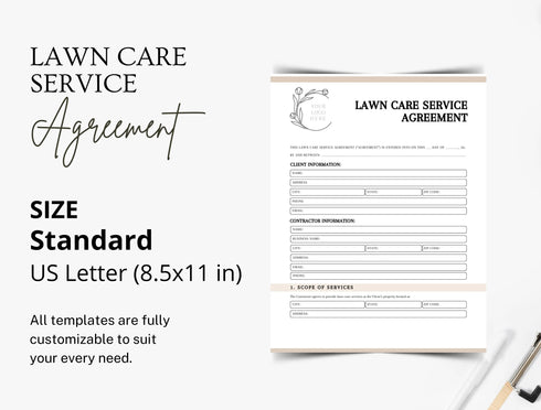 Lawn Care Service Agreement Template | Landscaping Contract PDF | Editable Yard Maintenance Legal Document | Printable Lawn Care Contract