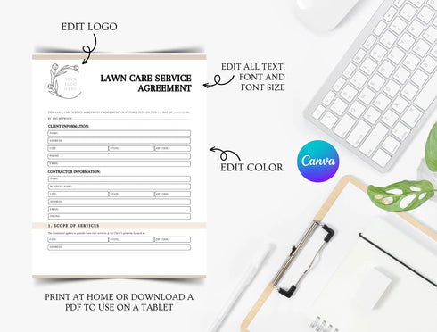 Lawn Care Service Agreement Template | Landscaping Contract PDF | Editable Yard Maintenance Legal Document | Printable Lawn Care Contract
