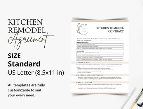 Kitchen Remodel Contract Template | Editable Home Renovation Agreement PDF | Contractor Client Legal Document | Remodeling Contract