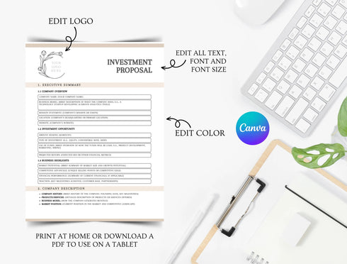 Investment Proposal Template | Editable Business Funding Pitch PDF | Startup Investment Proposal Document | Printable Business Plan