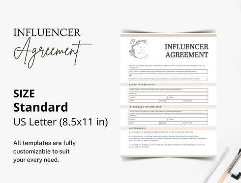 Influencer Agreement Template | Social Media Contract PDF | Brand Collaboration Legal Document | Editable Influencer Contract