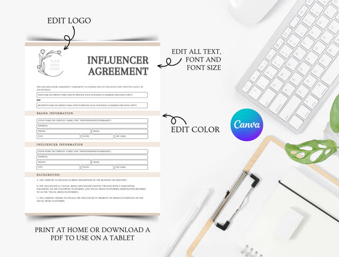 Influencer Agreement Template | Social Media Contract PDF | Brand Collaboration Legal Document | Editable Influencer Contract