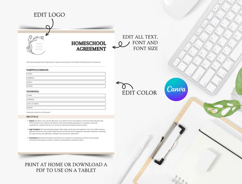 Homeschool Agreement Template | Editable Parent Teacher Education Contract PDF | Printable Learning Agreement Document | Homeschool Plan