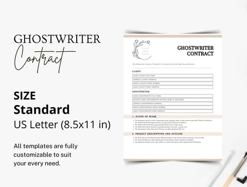 Ghostwriter Contract Template | Editable Writing Agreement PDF | Author Service Legal Document | Printable Ghostwriting Contract