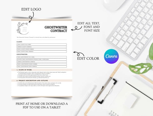 Ghostwriter Contract Template | Editable Writing Agreement PDF | Author Service Legal Document | Printable Ghostwriting Contract