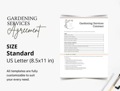 Gardening Services Contract Template | Lawn & Garden Agreement PDF | Editable Service Legal Document | Printable Gardening Contract