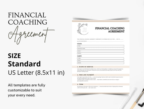 Financial Coaching Agreement Template | Coaching Contract PDF | Editable Client Legal Document | Printable Financial Coach Agreement