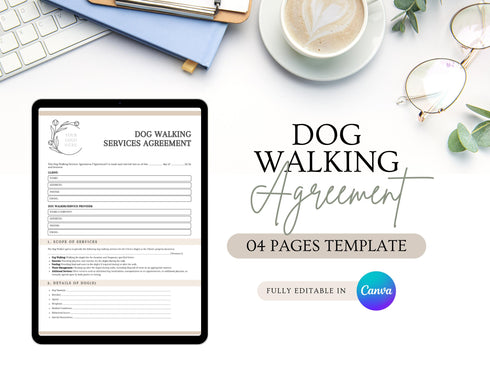 Dog Walking Contract Template | Editable Dog Walker Agreement PDF | Pet Care Service Legal Document | Printable Dog Walking Contract