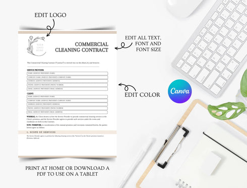 Commercial Cleaning Contract Template | Janitorial Service Agreement PDF | Editable Business Cleaning Legal Document | Printable Contract