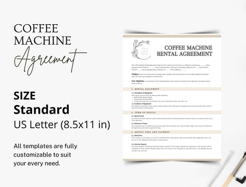 Coffee Machine Rental Agreement Template | Editable Equipment Lease Contract PDF | Printable Legal Rental Document | Coffee Equipment Contract
