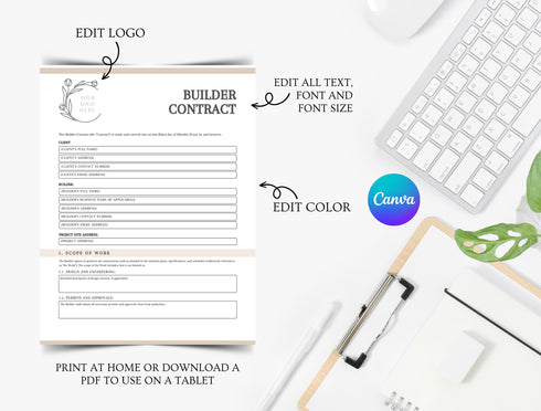 Builder Contract Template | Editable Construction Agreement PDF | Printable Home Build Legal Document | Contractor Service Contract
