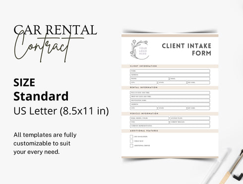 Car Rental Contract Template | Editable Vehicle Lease Agreement PDF | Printable Legal Rental Document | Auto Rental Contract