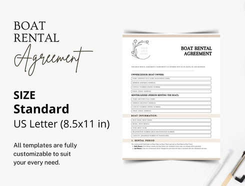Boat Rental Agreement Template | Editable Marine Lease Contract PDF | Printable Legal Rental Document | Watercraft Rental Form