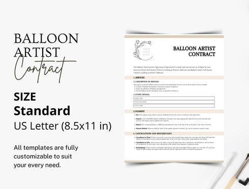 Balloon Artist Contract Template | Event Decor Agreement PDF | Editable Creative Legal Document | Printable Balloon Decor Contract
